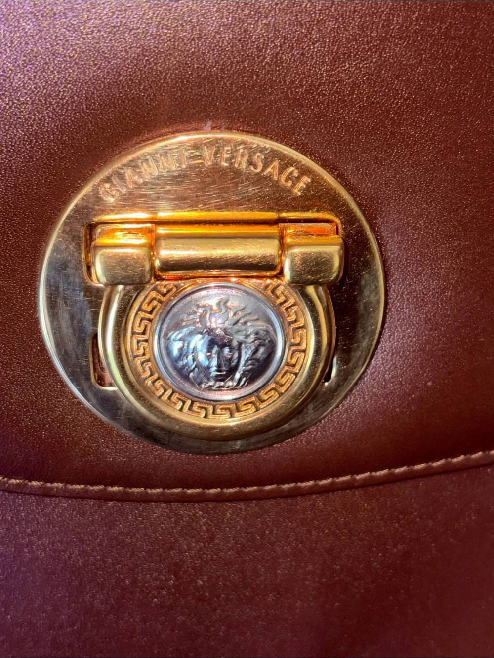 Gianni Versace Designer Brown Leather Top-Handle Shoulder Bag with Gold Hardware